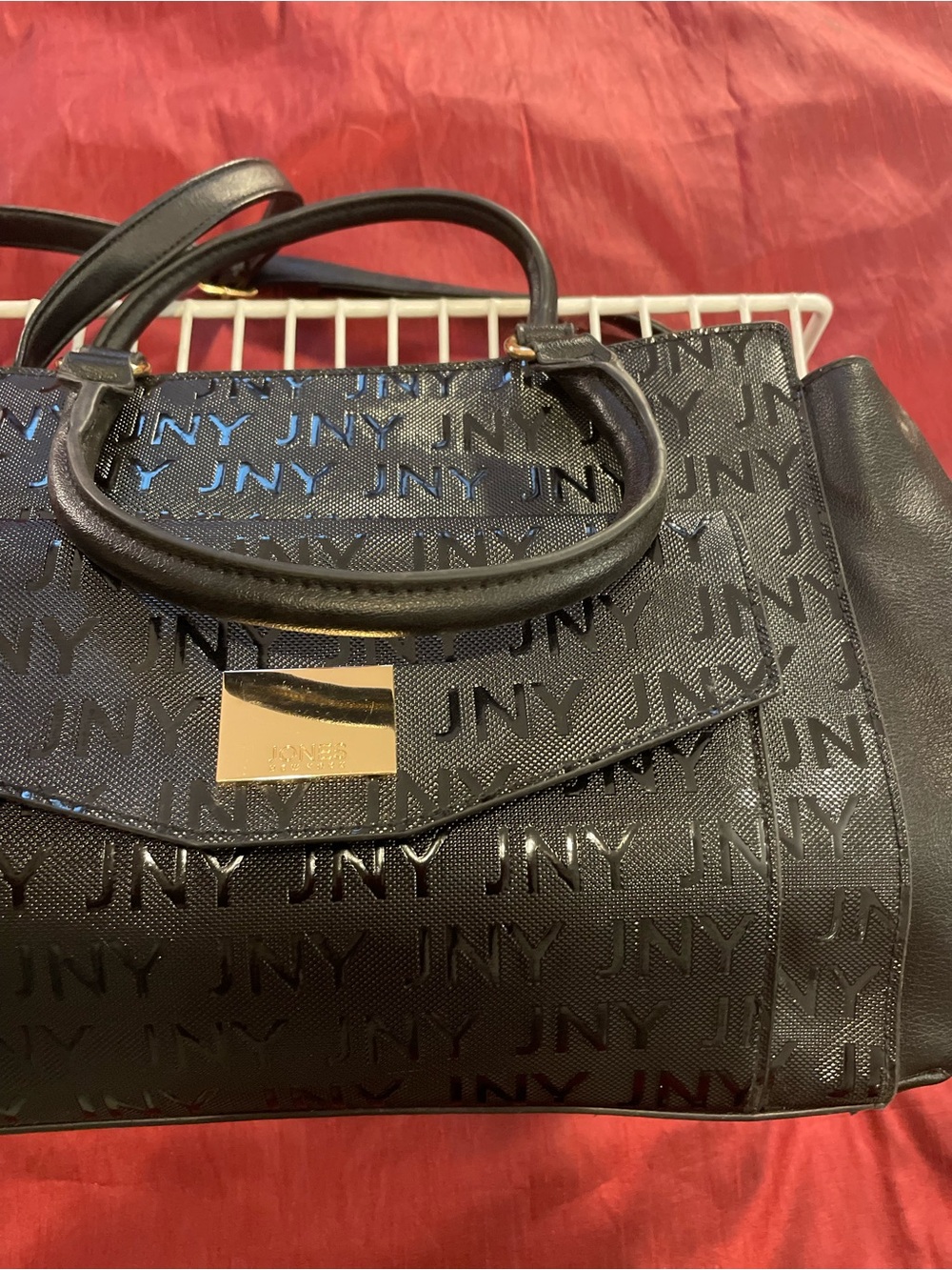 Jones New York Black Logo-Print Top-Handle Satchel with Gold Plaque